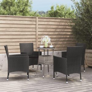 vidaXL 5-Piece Bistro Set - Black Poly Rattan Patio Furniture with Cushions - Round Table & Comfortable Armchairs for Outdoor/Garden