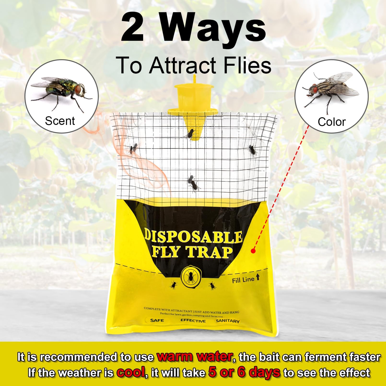 2 Pack10.8 * 12.6 Inch Big Fly Traps Disposable Bag Outdoor Hanging with Natural Baited, Mosquito Bug Flying Insect Trap Catchers Killer, Stable Horse Fly Hunter Trap Control for Barn Ranch