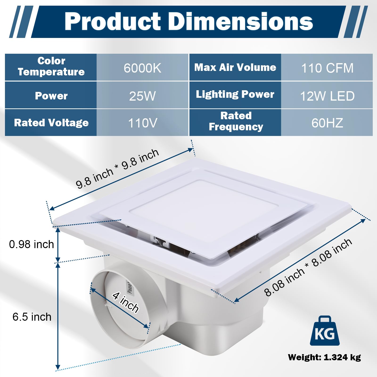 FEITON Square Bathroom Exhaust Fan with LED Light, 110 CFM 30W 4 Inch Duct, 110-220V 1.0 Sones Quiet Bathroom Ventilation Fan Light Combo Ceiling Mount