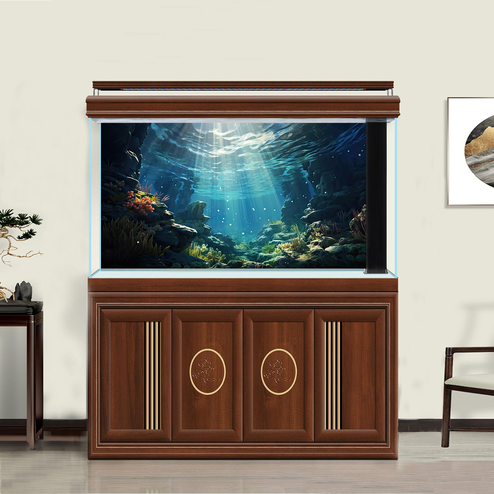 ZatiasMiller Aquarium Background Underwater World Corals and Tropical Fish Terrarium Background Various Undersea Aquatic Plants Rocks Aquarium Backdrop Beautiful Fish Tank Decor Vinyl 30x18in