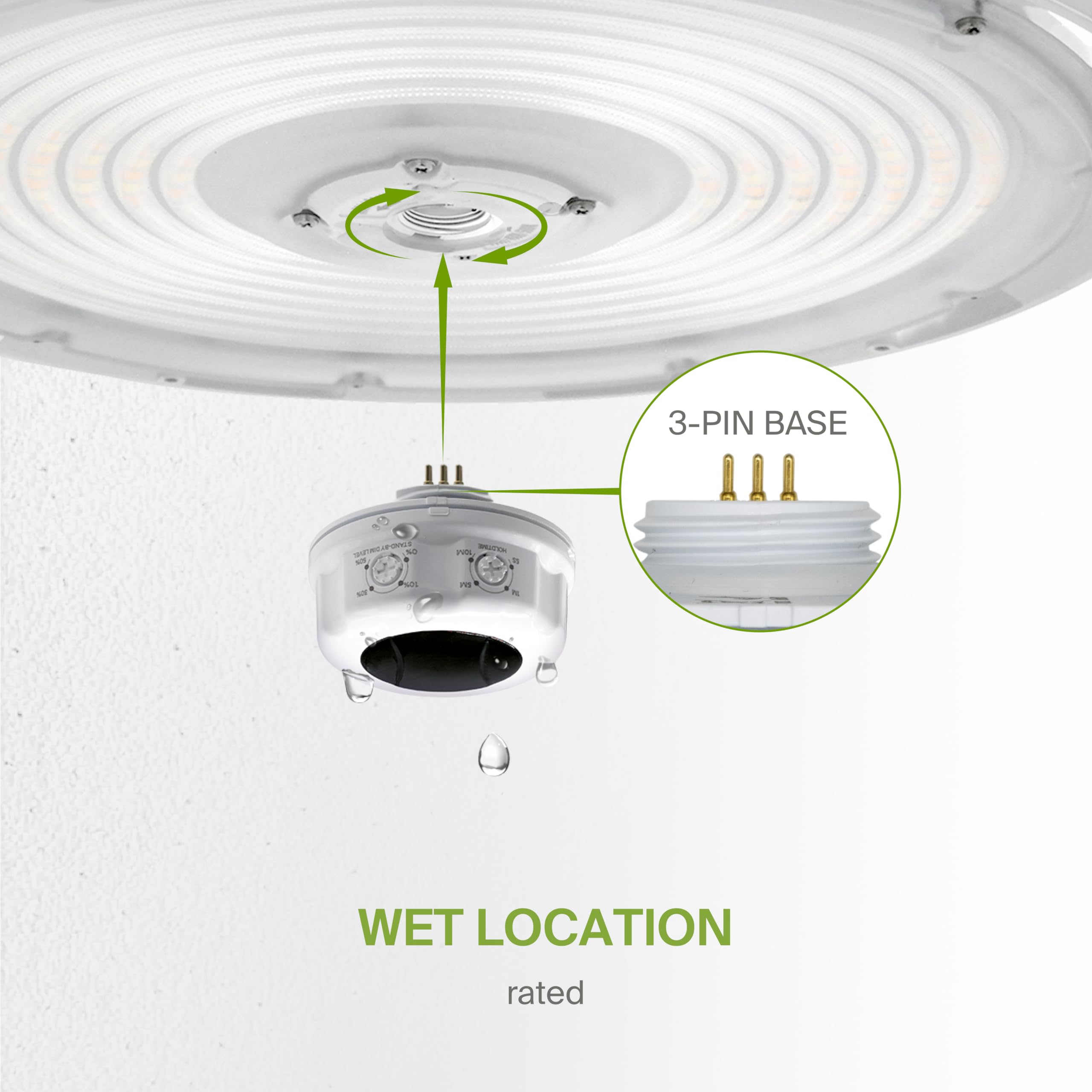 ASD Microwave Motion Sensor for LED Lights with Q-Base | 3PIN 49FT Dim 0-10V IP65 | Compatible with LSB5A, LSB5B, LSB5R, CAN07A, CAN09S, UHB2A, UHB3, UHB5, WHB5A | White