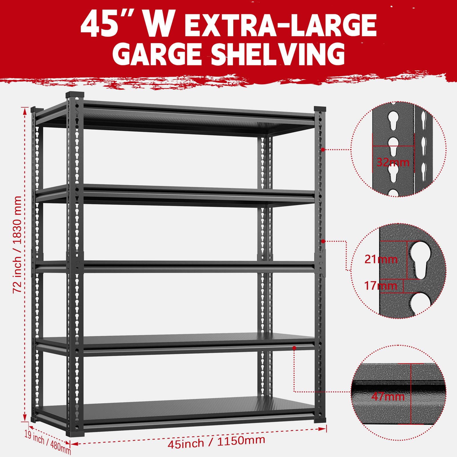 Lauxery 45.2" Wide Garage Shelving Heavy Duty Storage Rack 3000lbs Load Capacity, 5 Tier Adjustable Garage Storage Shelving Units, Boltless Metal Garage Shelf for Storage 72" H X 45.2" WX 18.8" D