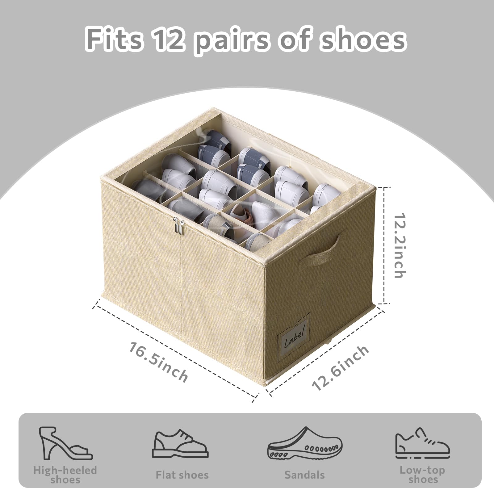 2 Pack Shoe Organizer for Closet - Shoe Storage Bins with Clear Cover, Fabric Shoe Storage Containers with Reinforced Handles, Fits up to 24 Pairs (Beige, 16.5 * 12.6 * 12.2in)