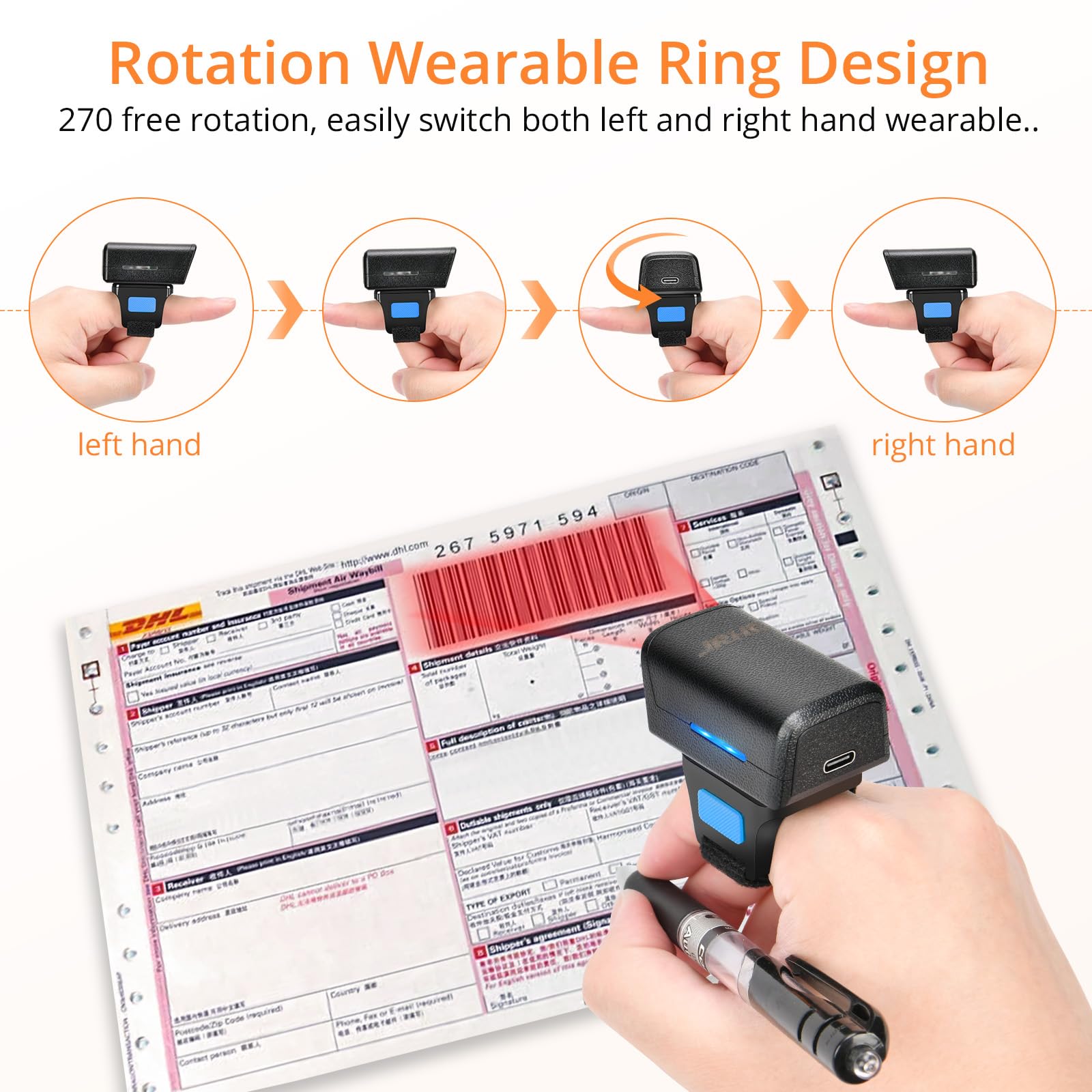 JRHC 1D 2D Bluetooth Portable Ring Barcode Scanner, Wearable Mini Barcode Reader with Wireless 2.4Ghz &Bluetooth &USB Wired 3 in 1, Connectable Windows/Mac OS/Android