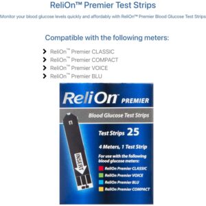 Relion Premier Test Strips 25 Count | Blood Glucose Test Strips | Test Strips for Diabetes | Blood Sugar Test Strips | Diabetic Test Strips | Reli on Premier Blood Glucose Test Strips