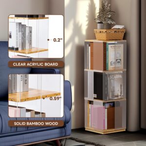 uyoyous Rotating Bookshelf 360 Degree Revolving Bookcase 3 Tier Spinning Bookshelf Display with Clear Acrylic Windows Floor Standing Bookcase Storage Rack for Playroom, Bedroom, Living Room