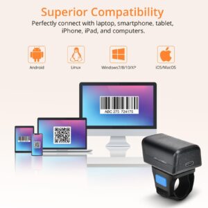 JRHC 1D 2D Bluetooth Portable Ring Barcode Scanner, Wearable Mini Barcode Reader with Wireless 2.4Ghz &Bluetooth &USB Wired 3 in 1, Connectable Windows/Mac OS/Android