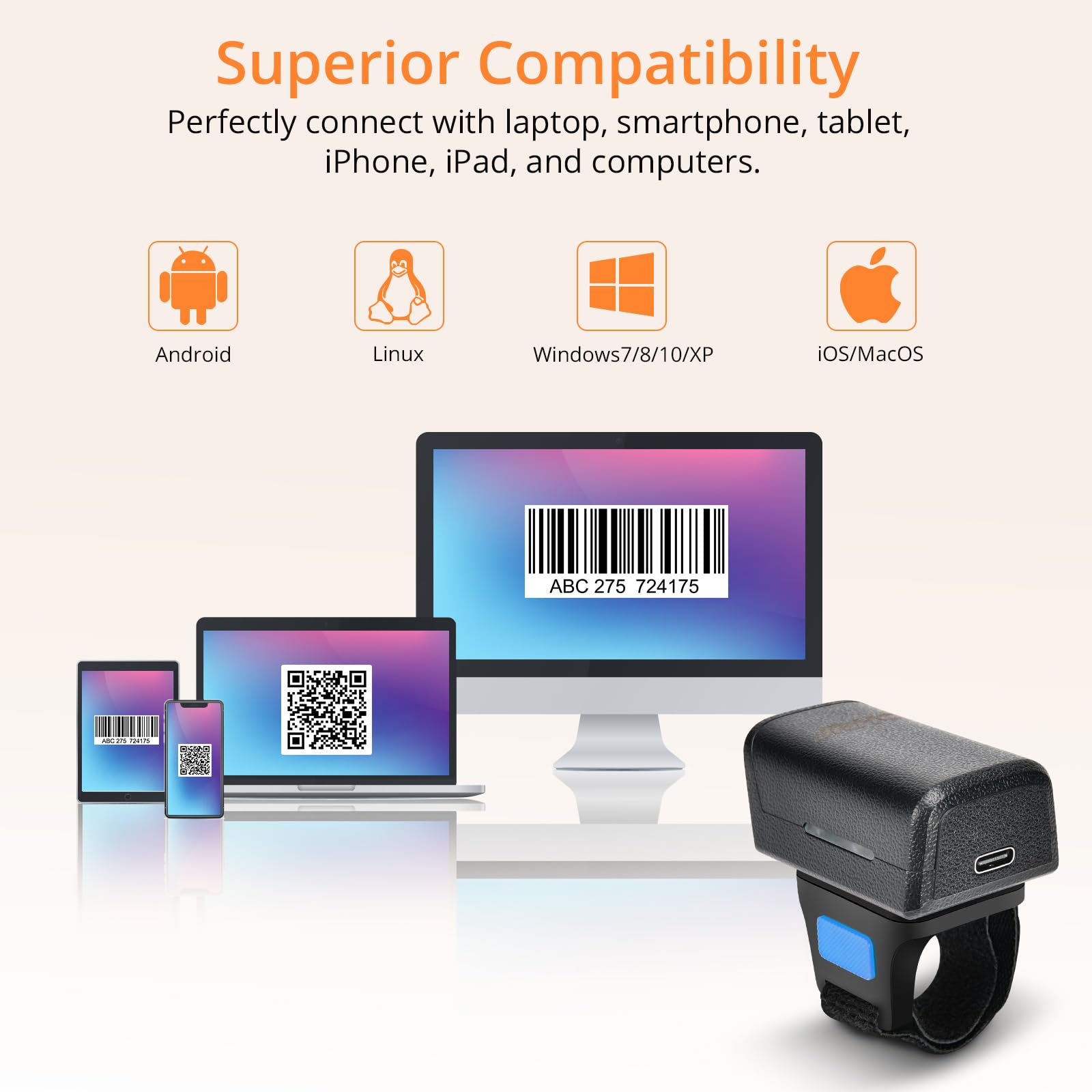 JRHC 1D 2D Bluetooth Portable Ring Barcode Scanner, Wearable Mini Barcode Reader with Wireless 2.4Ghz &Bluetooth &USB Wired 3 in 1, Connectable Windows/Mac OS/Android