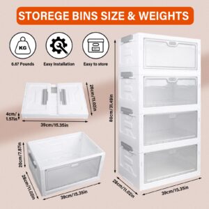 4 Tier Plastic Storage Bins, Folding Storage Organizer with Drawers, Clear Large Storage Containers with Lids and Magnetic Switch-15 * 11 * 31 inch Stackable Organizers for Home, Office, Bedroom