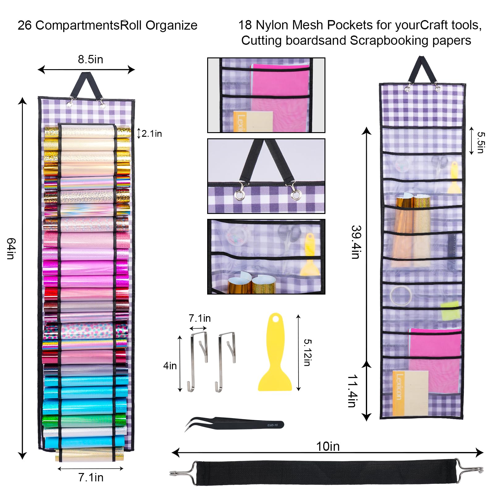 Amremsu Vinyl Roll Rack Vinyl Storage Organizer, 44 Compartment Vinyl Roll Holder with 18 Mesh Bag Storage Wall Mounted/Door Mounted Vinyl Roll Storage,Cricut Vinyl Storage, Vinyl Storage Racks