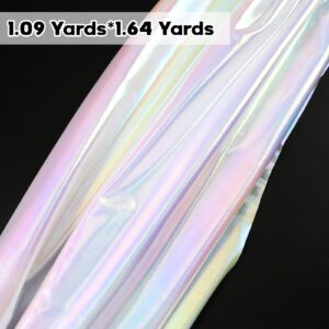 URROMA Metallic Foil Stretch Fabric, White Iridescent Hologram Fabric Sewing Fabric for DIY Laser Gradient Fabric Foil Spandex Fabric for Costume Background