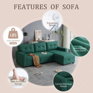 Favfurish 82" Sectional Sofa with Storage Chaise & Pull, L-Shape Convertible Couch Bed W/Tufted Backrest,Reversible Sleeper for Living Room Apartment Office, Green