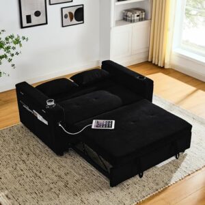 convertible pull out sleeper sofa bed double seat recliner futon couch with cupholders armrests and side pockets, adjustable loveseat chaise lounge with usb power outlet and lumbar pillow for office