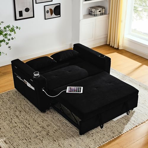 Convertible Pull Out Sleeper Sofa Bed Double Seat Recliner Futon Couch with Cupholders Armrests and Side Pockets, Adjustable Loveseat Chaise Lounge with USB Power Outlet and Lumbar Pillow for Office