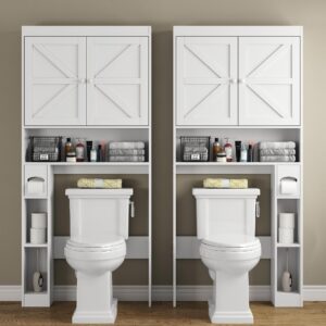 furomate Over The Toilet Storage Cabinet with Barn Doors, 32.3''W Free Standing Toilet Storage Shelf Space Saver with Adjustable Bottom Bar, White