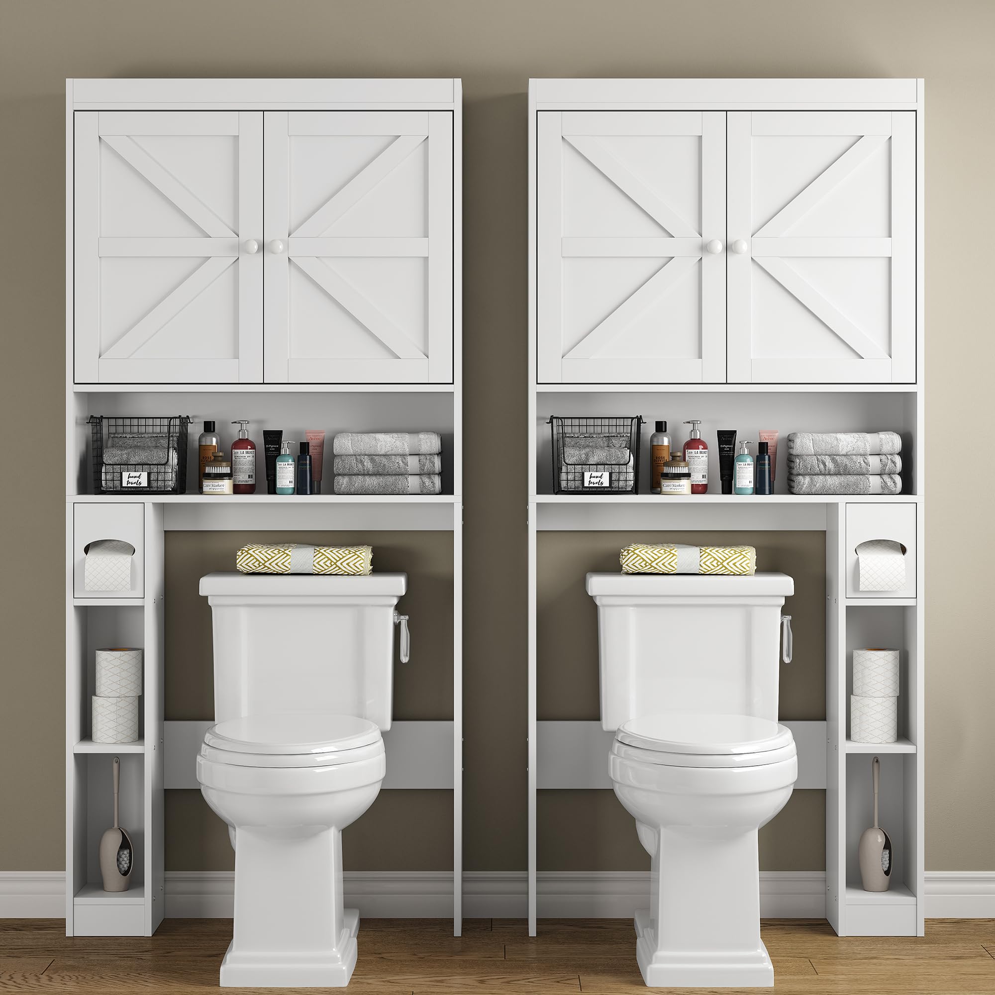 furomate Over The Toilet Storage Cabinet with Barn Doors, 32.3''W Free Standing Toilet Storage Shelf Space Saver with Adjustable Bottom Bar, White