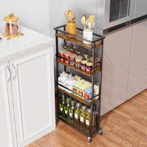 giwil slim storage cart 4 tier narrow kitchen rolling cart on wheels for small space, mobile spice rack seasoning organizer utility serving cart for kitchen bathroom laundry, brown