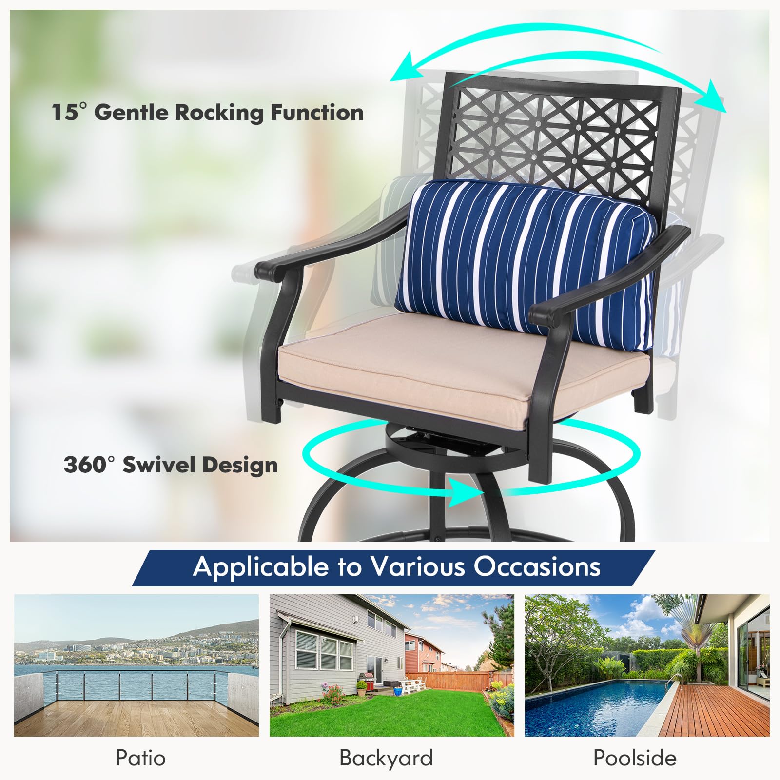 COSTWAY Outdoor Bar Chair Set of 4, 24.5 Inch Swivel Counter Height Bar Stools with Footrest, Seat Cushions & Lumbar Pillows, Metal Dining Bar Chairs for Patio, Backyard, Poolside (4)