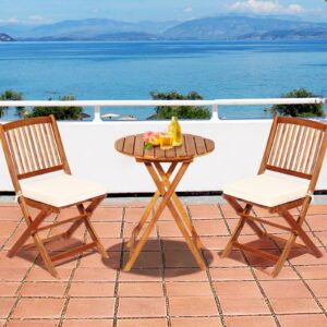 Generic VcJta 3 Piece Folding Acacia Wood Bistro Set with Cushions for Patio Conversations Outdoor Furniture, Wooden, E385022938355