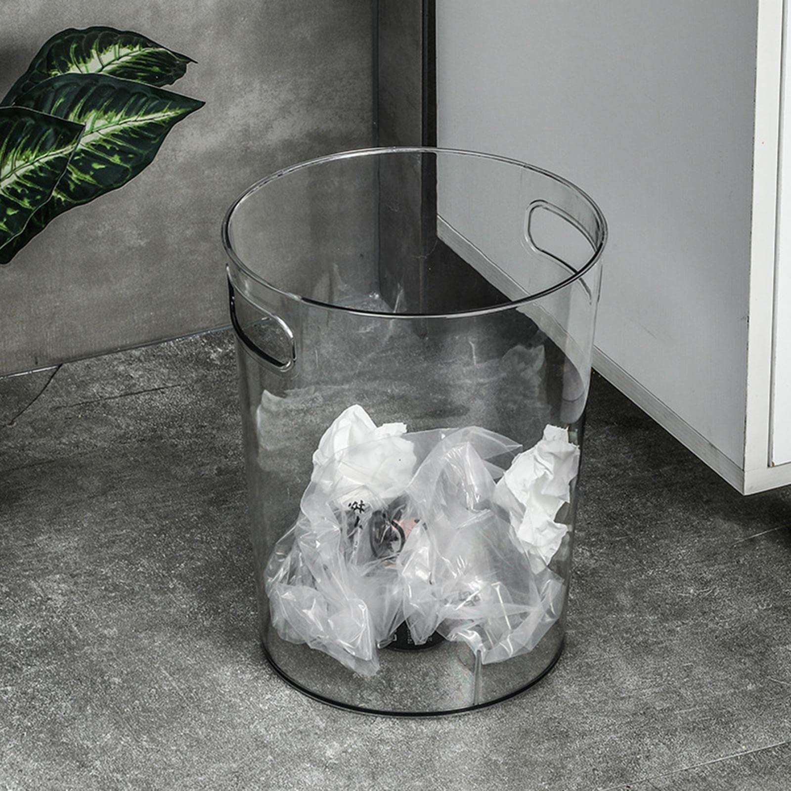 Sleek Round Clear Waste Basket Desktop Trash Bin with Convenient Handles for Home or Office, 15x15cm