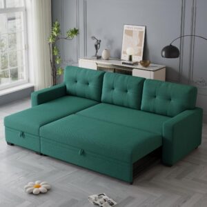 Favfurish 82" Sectional Sofa with Storage Chaise & Pull, L-Shape Convertible Couch Bed W/Tufted Backrest,Reversible Sleeper for Living Room Apartment Office, Green