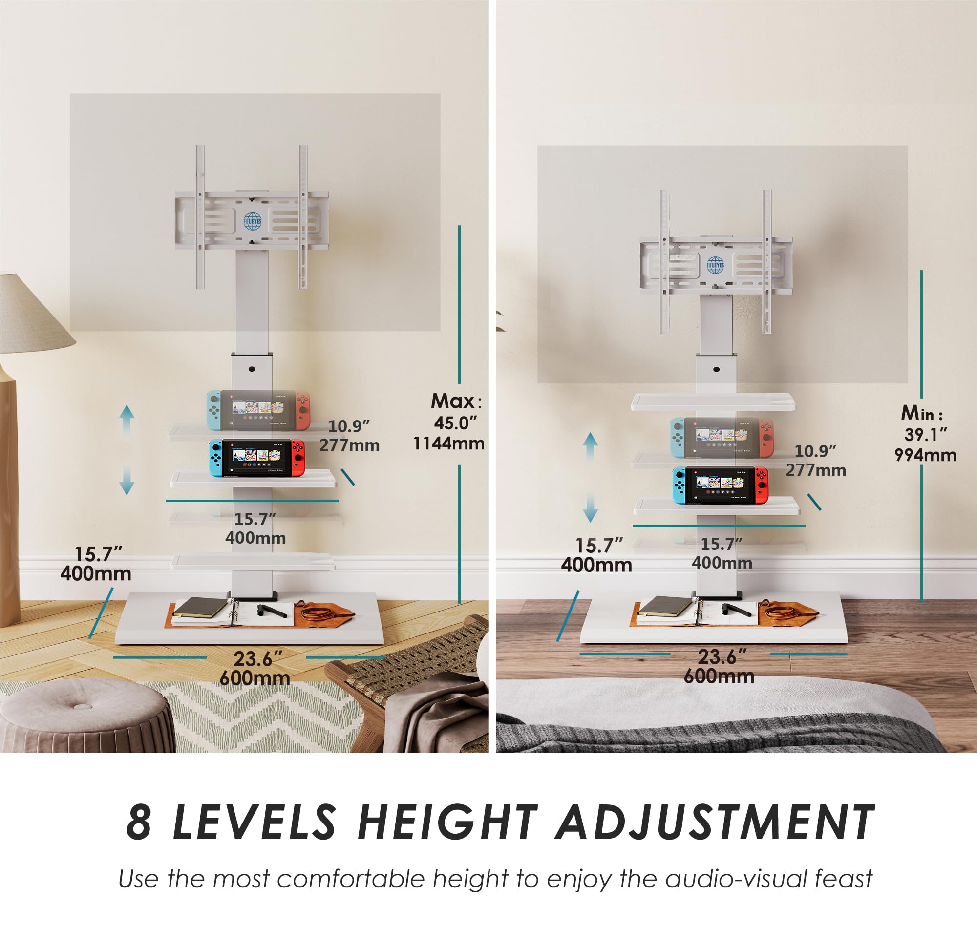 FITUEYES Iron Base Universal Floor TV Stand with Swivel Mount Space Saving for 26-65 Inch LED LCD OLED Plasma Flat Panel or Curved Screen TVs Height Adjustable Wire Management with 2 Shelves White