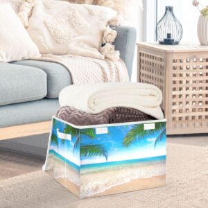 DIGTIA Storage Bins with Lids Coconut Palm Leaves Foldable Storage Boxes with Handles Tropical Beach Sea Large Storage Basket Collapsible Organizer Containers for Closet Home Bedroom Office