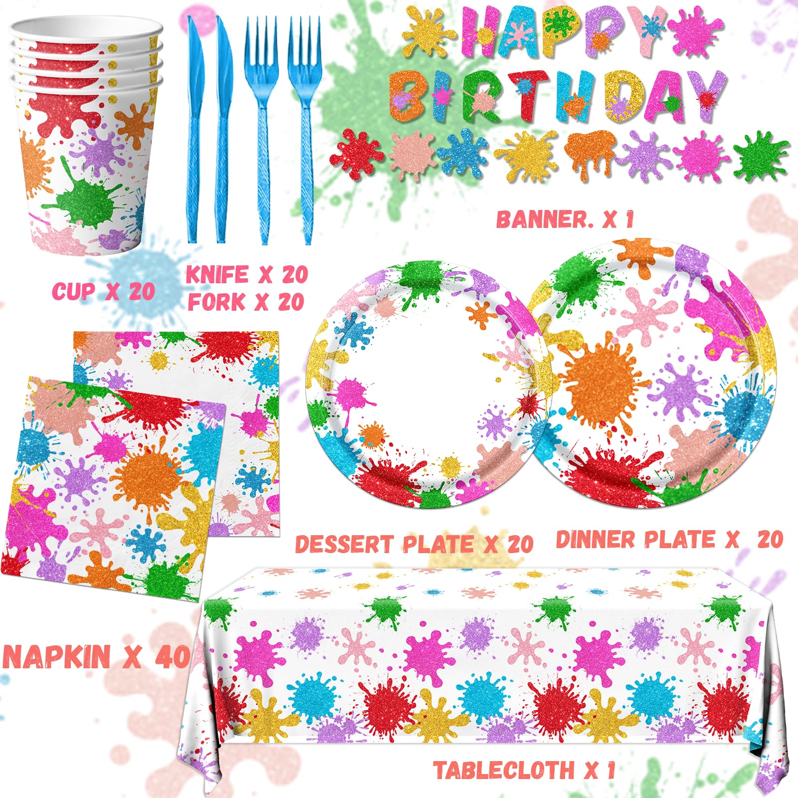 Paint Party Decorations 142Pcs Paint Splatter Party Supplies Tableware Set, Art Party Decorations Plates,Napkins,Cups,Tablecloth for Art Painting Party Supplies Birthday Baby Shower Decorations