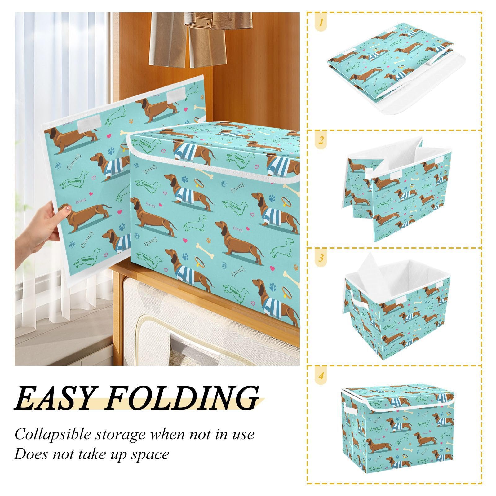 DIGTIA Storage Bins with Lids Decorative Dachshund Dog Foldable Storage Boxes with Handles Large Storage Basket Collapsible Organizer Containers for Closet Home Bedroom Office