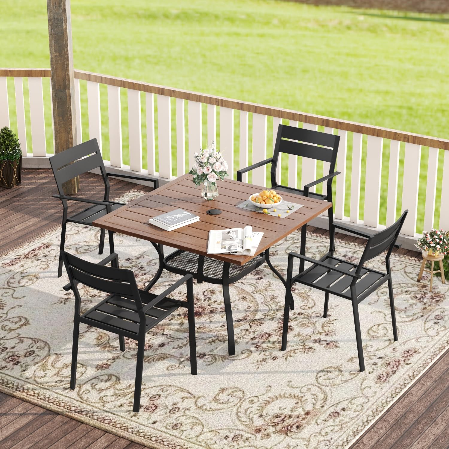 VICLLAX 5 Pieces Patio Dining Set for 4, Outdoor Furniture Set Included 37.8" Square Patio Table and 4 Stackable Metal Patio Chairs for Lawn Garden, Walnut Metal Table