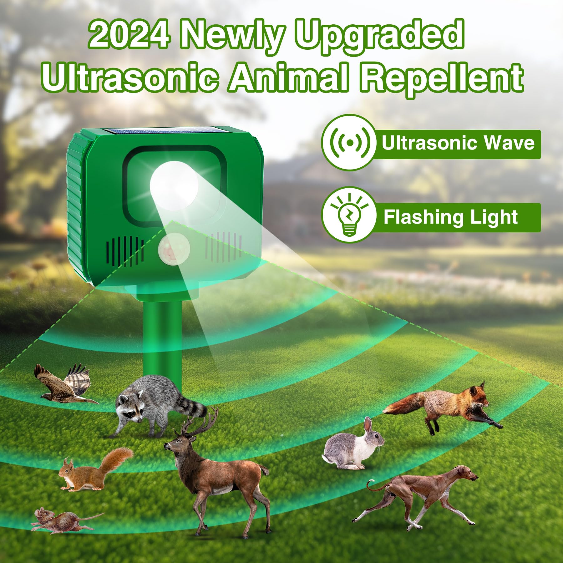 2024 Upgraded Ultrasonic Animal Repeller Outdoor Deer Repellent Devices Solar Animal Repeller with Motion Sensor Garden Animal Deterrent to Repel Cat Raccoon Squirrel Rabbit Skunk Out of Yard