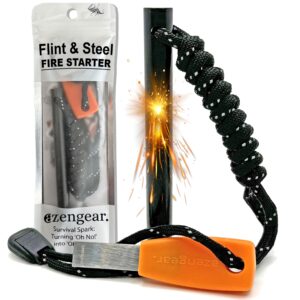 camping flint and steel fire starter, 0.4x4in (10x100mm) ferro rod, hss striker, paracord, waterproof outdoor survival kit azengear