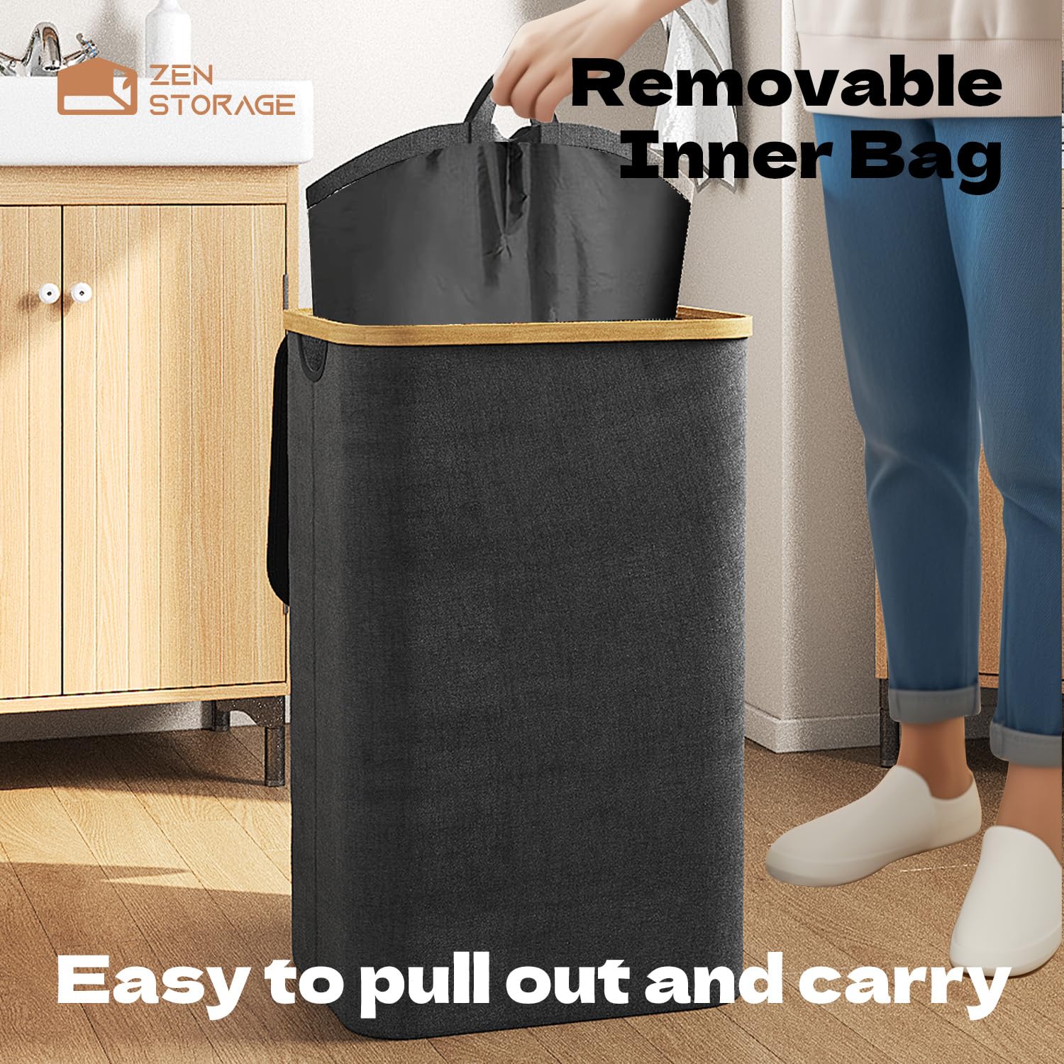 Laundry Hamper with Lid, 90L (23Gal) Large Large Clothes Hamper with removable bag and Bamboo Handles, Tall Hamper with Lid for Bedroom and Bathroom, Black