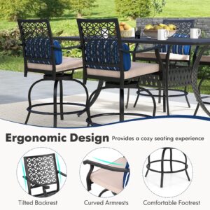 COSTWAY Outdoor Bar Chair Set of 4, 24.5 Inch Swivel Counter Height Bar Stools with Footrest, Seat Cushions & Lumbar Pillows, Metal Dining Bar Chairs for Patio, Backyard, Poolside (4)