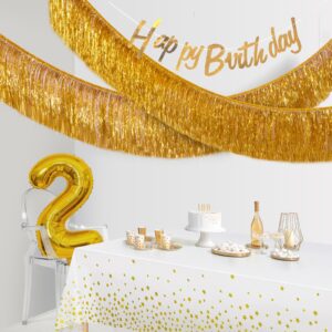 c＆b gold foil fringe garland party decorations, 6 feet gold tinsel metallic glitter banner, hanging gold banner table skirt for birthday bride bachelorette engagement retirement christmas party decor