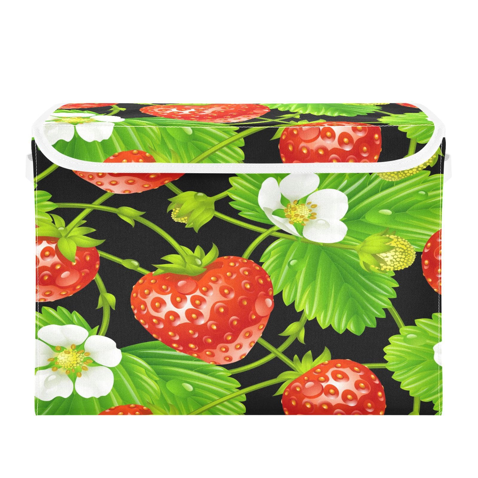 DIGTIA Storage Bins with Lids Strawberry White Flowers Foldable Storage Boxes with Handles Fruits Green Leaves Large Storage Basket Collapsible Organizer Containers for Closet Home Bedroom Office