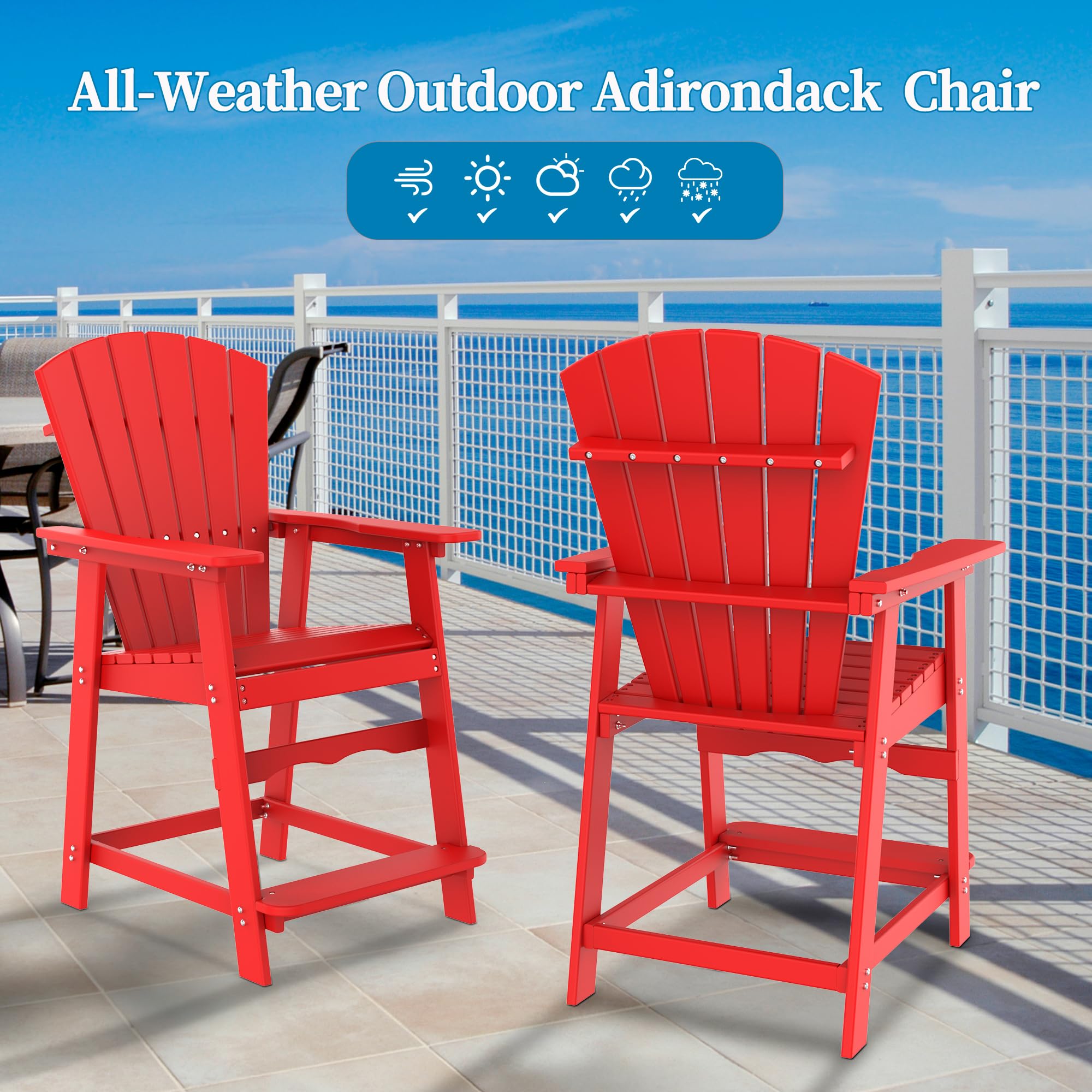 VSMKSJ Tall Adirondack Chair, HDPE Adirondack Chair with Footrest,Outdoor Patio Bar Stools for Lawn, Balcony, Backyard, Poolside (Red, 2pcs)