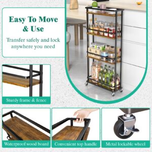 Giwil Slim Storage Cart 4 Tier Narrow Kitchen Rolling Cart on Wheels for Small Space, Mobile Spice Rack Seasoning Organizer Utility Serving Cart for Kitchen Bathroom Laundry, Brown