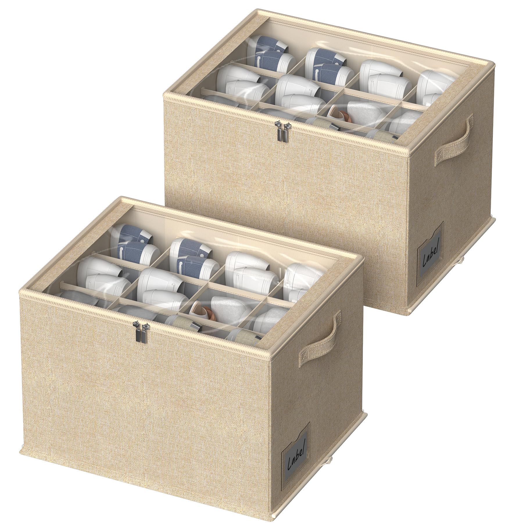 2 Pack Shoe Organizer for Closet - Shoe Storage Bins with Clear Cover, Fabric Shoe Storage Containers with Reinforced Handles, Fits up to 24 Pairs (Beige, 16.5 * 12.6 * 12.2in)