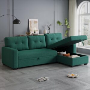 favfurish 82" sectional sofa with storage chaise & pull, l-shape convertible couch bed w/tufted backrest,reversible sleeper for living room apartment office, green