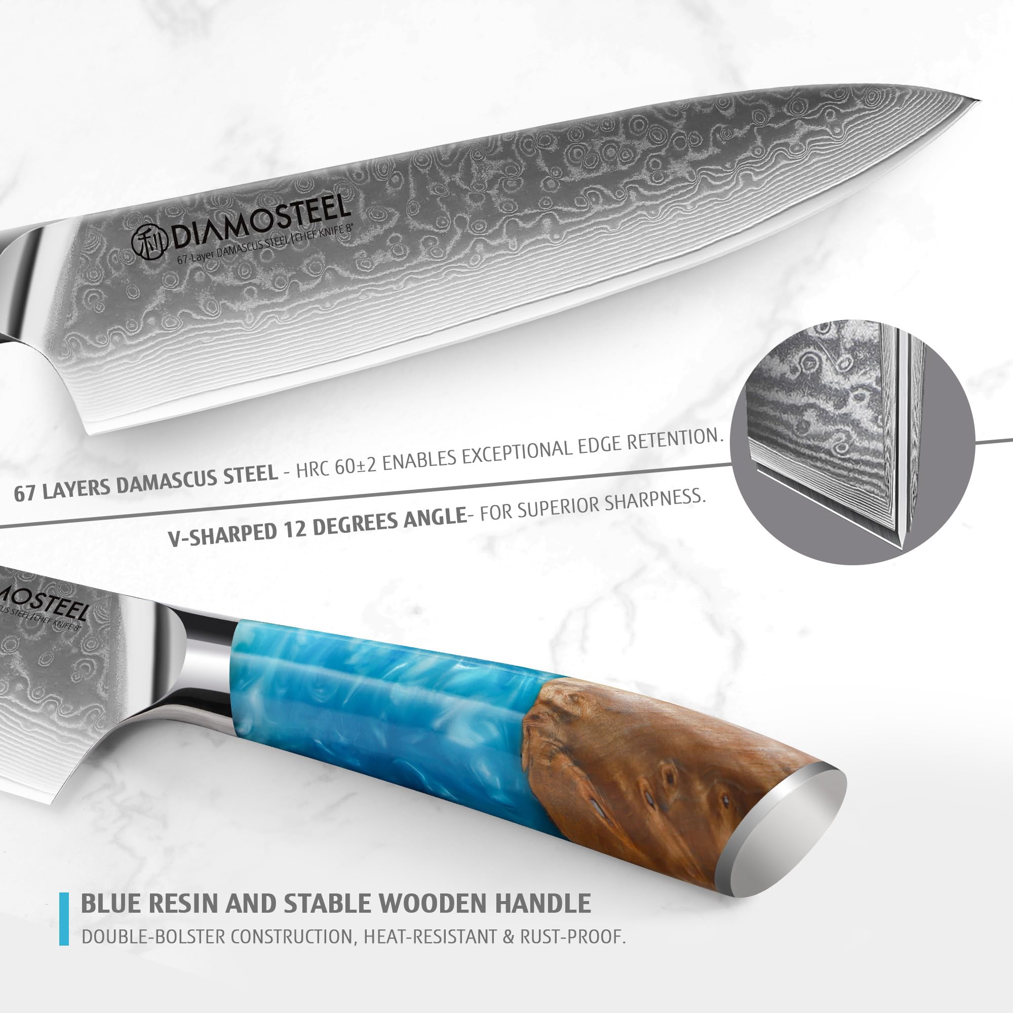 diamosteel Professional Japanese Chef Knife 8", Ultra Sharp Damascus Steel Knife with Blue Resin Handle, Gyuto Chef Knife for Meat & Vegetable Cutting