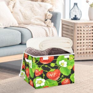 DIGTIA Storage Bins with Lids Strawberry White Flowers Foldable Storage Boxes with Handles Fruits Green Leaves Large Storage Basket Collapsible Organizer Containers for Closet Home Bedroom Office