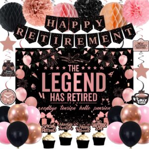 retirement party decorations women, rose gold black happy retirement decorations female, happy retirement banner, retired backdrop, balloons, pompom, hanging swirl, retirement card, cake topper 54pcs