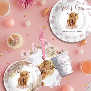 Xenorik Highland Cow Baby Shower Decorations Tableware - Holy Cow Baby Girl Party Supplies, Paper Plate, Cup, Napkin, Tablecloth, Cutlery, Boho Highland Cow Baby Shower Table Decorations | Serve 24