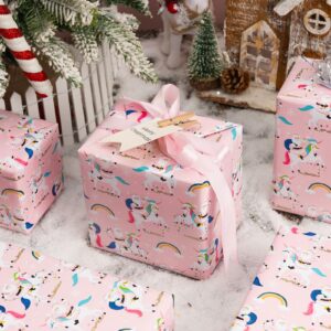 MAYPLUSS Christmas Wrapping Paper Roll - 17 Inch X 33 Feet - Fairytale Christmas Baby Pink Unicorn, Snow, Santa Claus, Rainbow Design Girl Holiday Winter Gift Wrap for Baby Shower, Party & Wedding