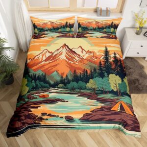 mountain river duvet cover set queen size,retro adventure theme comforter cover 3pcs,nature scenery tent bedding set kids boys girls room decor,camping bedspreads cover,2 pillowcases(no comforter)