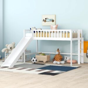 Bellemave Twin Size Low Loft Bed for Kids,Loft Bed with Slide and Ladder,Wood Kids Loft Bed Twin for Girls Boys(White)