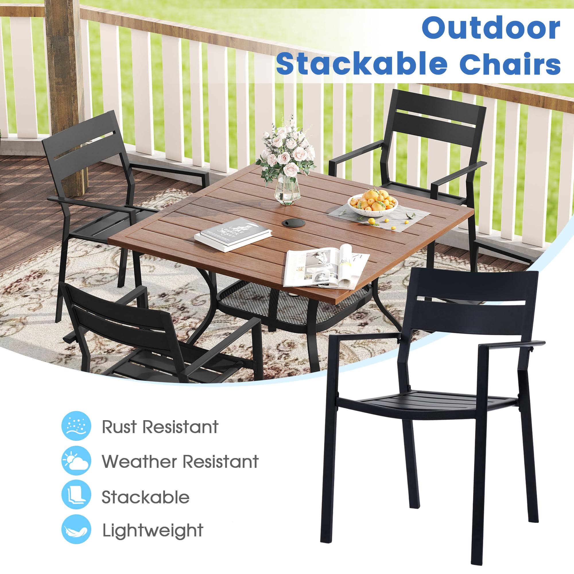 VICLLAX 5 Pieces Patio Dining Set for 4, Outdoor Furniture Set Included 37.8" Square Patio Table and 4 Stackable Metal Patio Chairs for Lawn Garden, Walnut Metal Table