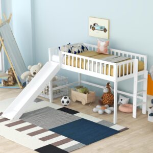 Bellemave Twin Size Low Loft Bed for Kids,Loft Bed with Slide and Ladder,Wood Kids Loft Bed Twin for Girls Boys(White)