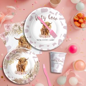 Xenorik Highland Cow Baby Shower Decorations Tableware - Holy Cow Baby Girl Party Supplies, Paper Plate, Cup, Napkin, Tablecloth, Cutlery, Boho Highland Cow Baby Shower Table Decorations | Serve 24